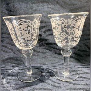 Two Chalice Type Etched Glass Goblets